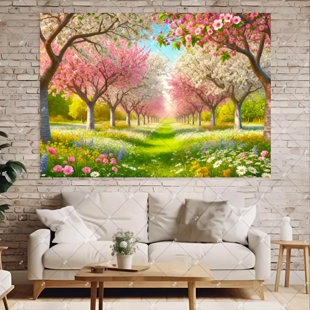Spring Natural Flowers Theme Garden Backdrop with Cherry Blossoms and Grass