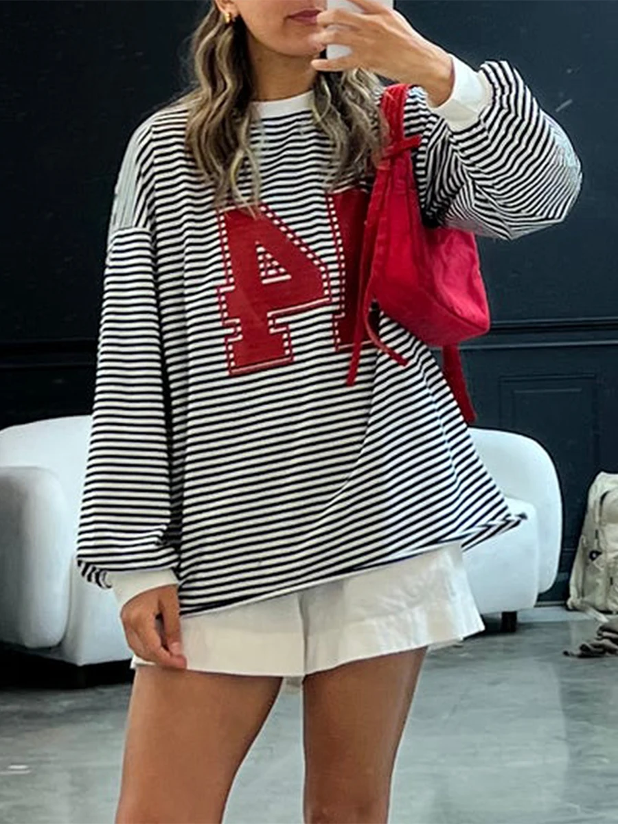 Women s Casual Loose Fit Long Sleeve O Neck Graphic Print Striped Tunic Top for Spring and Autumn Wear