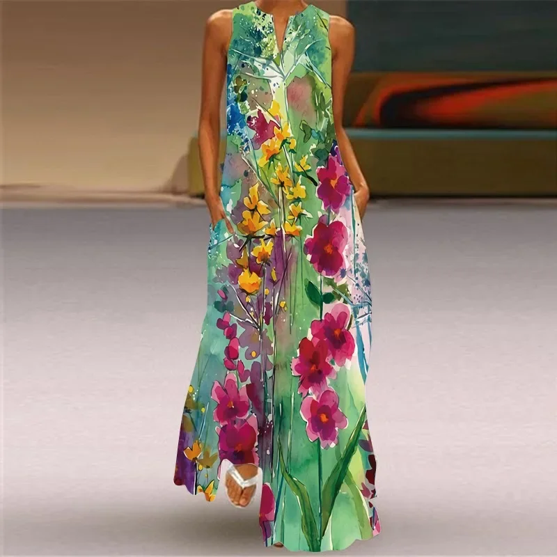 

Charming illustration floral style sexy casual sleeveless V-neck plump romantic holiday dress