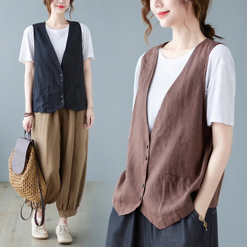 Vests Women Vintage Literary Female V-neck Summer All-match Loose Prevalent Harajuku Korean Style Simple Sleeveless Casual Daily