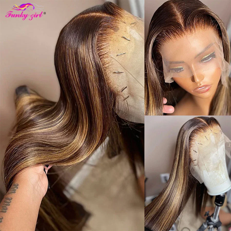 

32 Inche Highlight Wig Straight Lace Wig Human Hair Honey Blonde Colored Straight 13x4 Lace Frontal Wig 180% Brazilian Hair