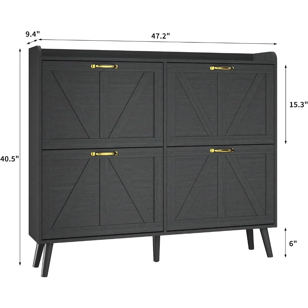 Shoe Storage Cabinet with 4 Flip Drawers, Shoe Cabinet Storage for Entryway Slim, Freestanding Black Shoe Cabinet, Farmhouse 2