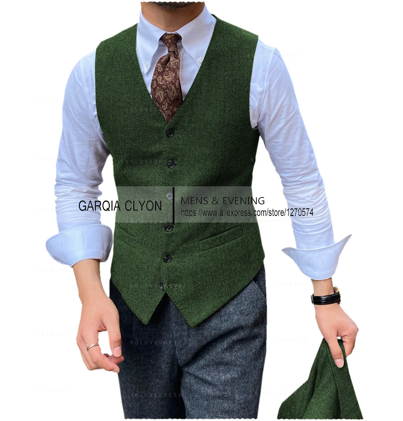 V Neck Slim Fit Single Breasted Slim Fit Herringbone Men‘s Vest For Jacket Casual Business Men's Waistcoat 5