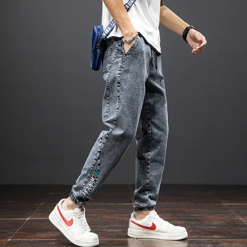 Large size elastic workwear jeans, men's ankle tied Harlan pants, wear-resistant and fat added, plus size trendy and loose 3