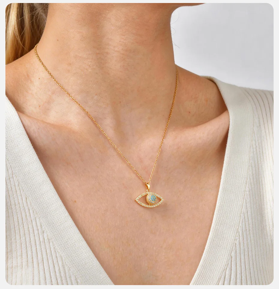 Vnox Edelstahl Blaue Zirkonia Böses Auge Rotierende Halskette für Damen Schmuck Vergoldete Schlüsselbeinketten Halsketten Geschenk Party – Detail 3