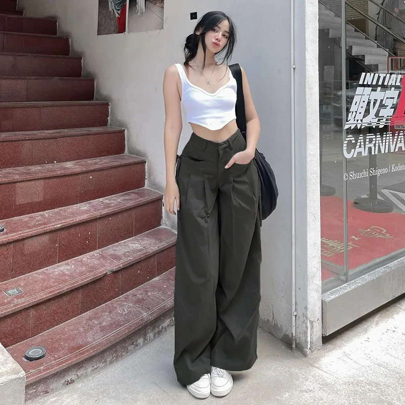 Make Old Gray Woven Straight Pants Women's High-waisted Loose-fitting Long Leg Streamer Pants