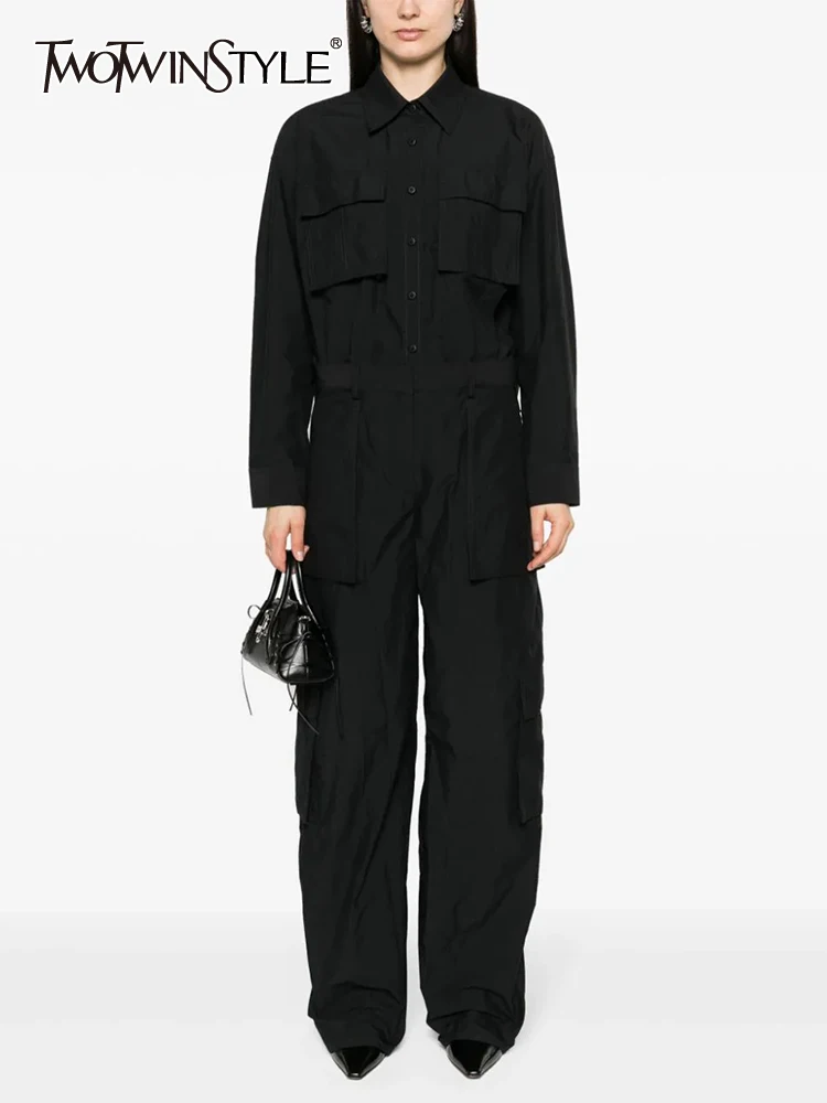 TWOTWINSTYLE Minimalist Spliced Pocket Jumpsuit For Women Lapel Long Sleeve High Waist Patchwork Button Loose Jumpsuits Female
