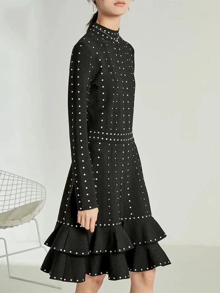 

NICEWOMEN Black Ruffles Dot Design Knitting Elegant Dress For Women Stand Neck Waist Slim Long Sleeve Dresses 2023 New Autumn