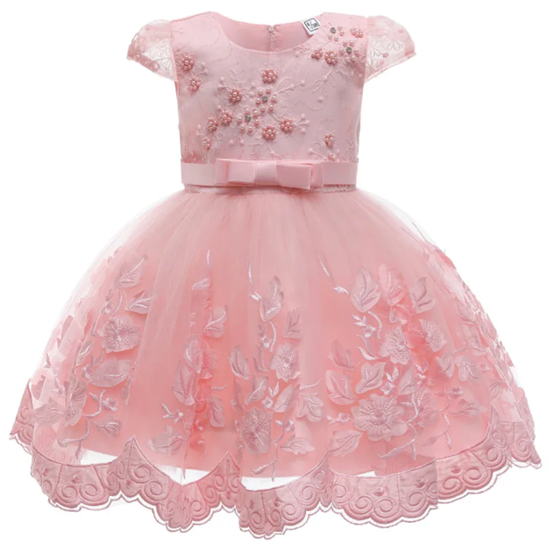 Pink Pearls Bow Girls Party Dress Birthday Dress For 1 Year Baby Girl