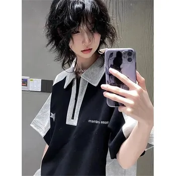 Y2k Summer Polo T-Shirts Women American Vintage New Cotton Contrast Panels Casual Harjuku  Shirts Short Sleeve Women Casual Tops 1
