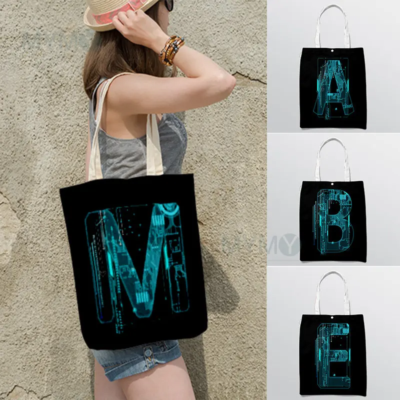 

Letter Shoulder Bags Technology Lines Design Shopper Female Handbag Canvas Trendy Eco Reusable Large Storage Book Beach Tote Bag