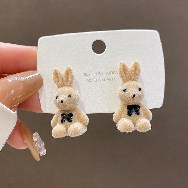 Plush Rabbit Bear Stud Earrings Kawaii Brown Khaki Animal Earrings For Women Girls Korean Earring Jewelry Brincos Gifts