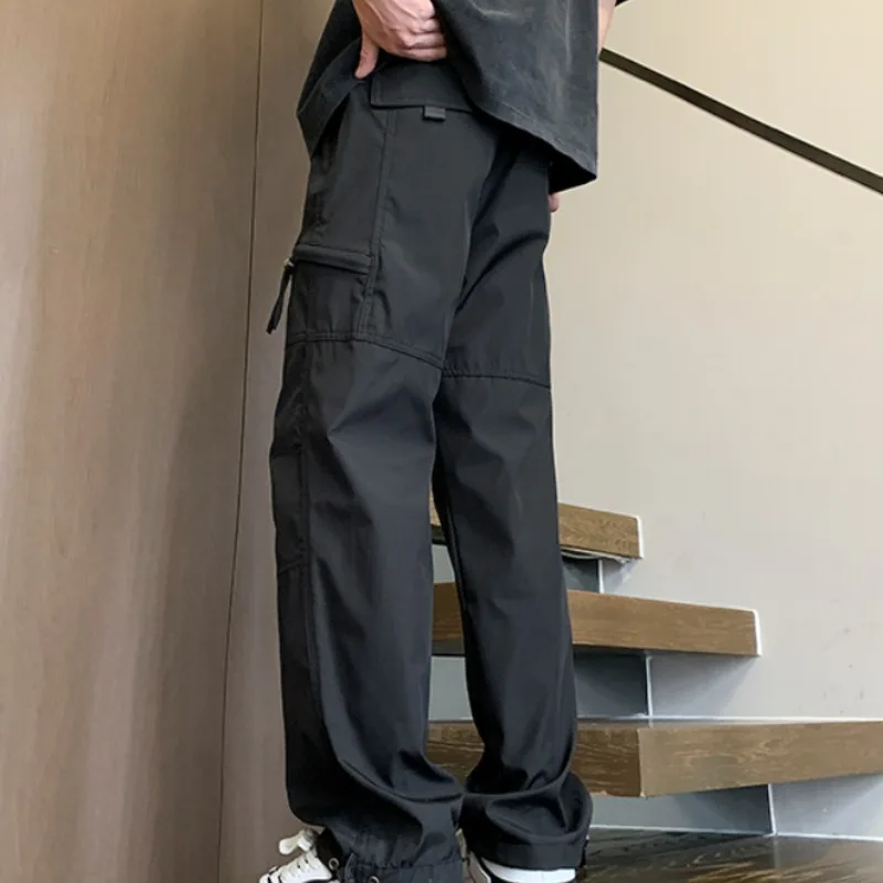 Men's Clothing Zipper Pockets Elastic High Waist Solid Color Casual Loose Cargo Straight Spring Autumn England Style Pants