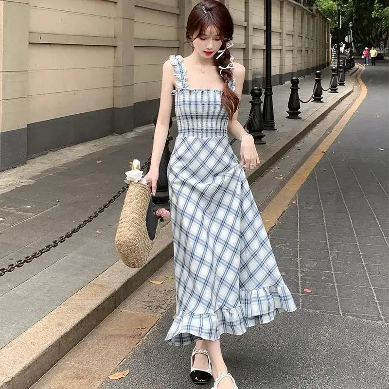 

Fashion Plaid Spliced Folds Ruffles Sweet Slip Dress Female Clothing 2024 Summer New Loose All-match Sleeveless Dress