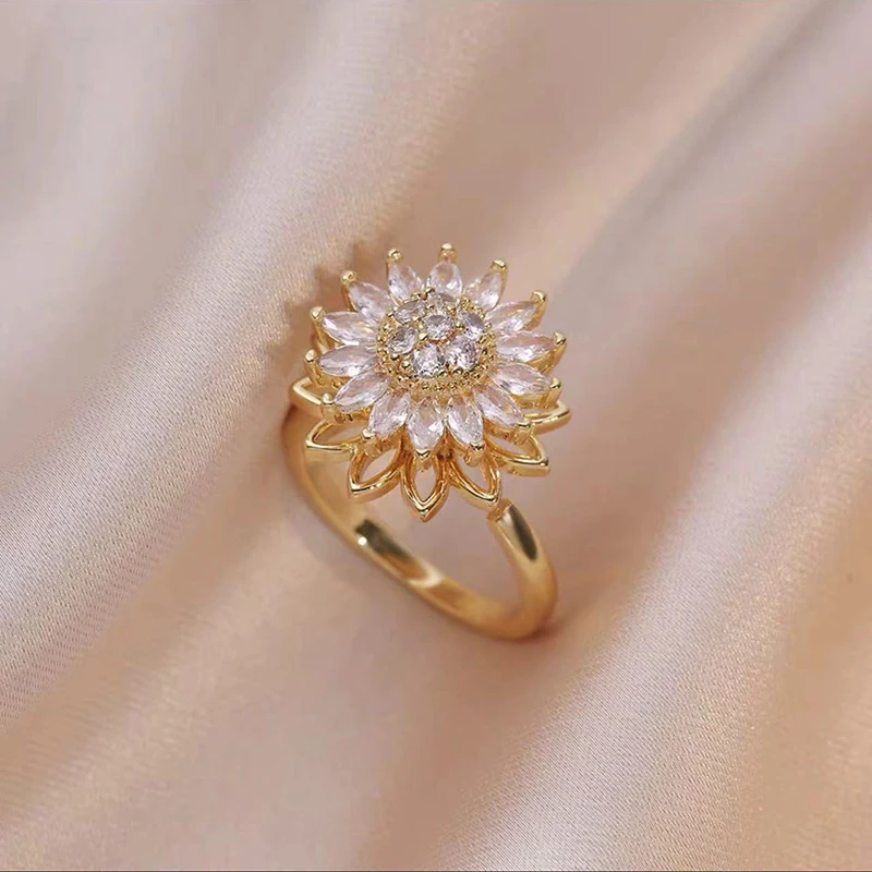 Trendiges Neujahrsdesign mit mikroeingelegtem Zirkon und drehbaren Sonnenblumenohrringen für Damen-Luxus-Schmuckset-Zubehör – Detail 6