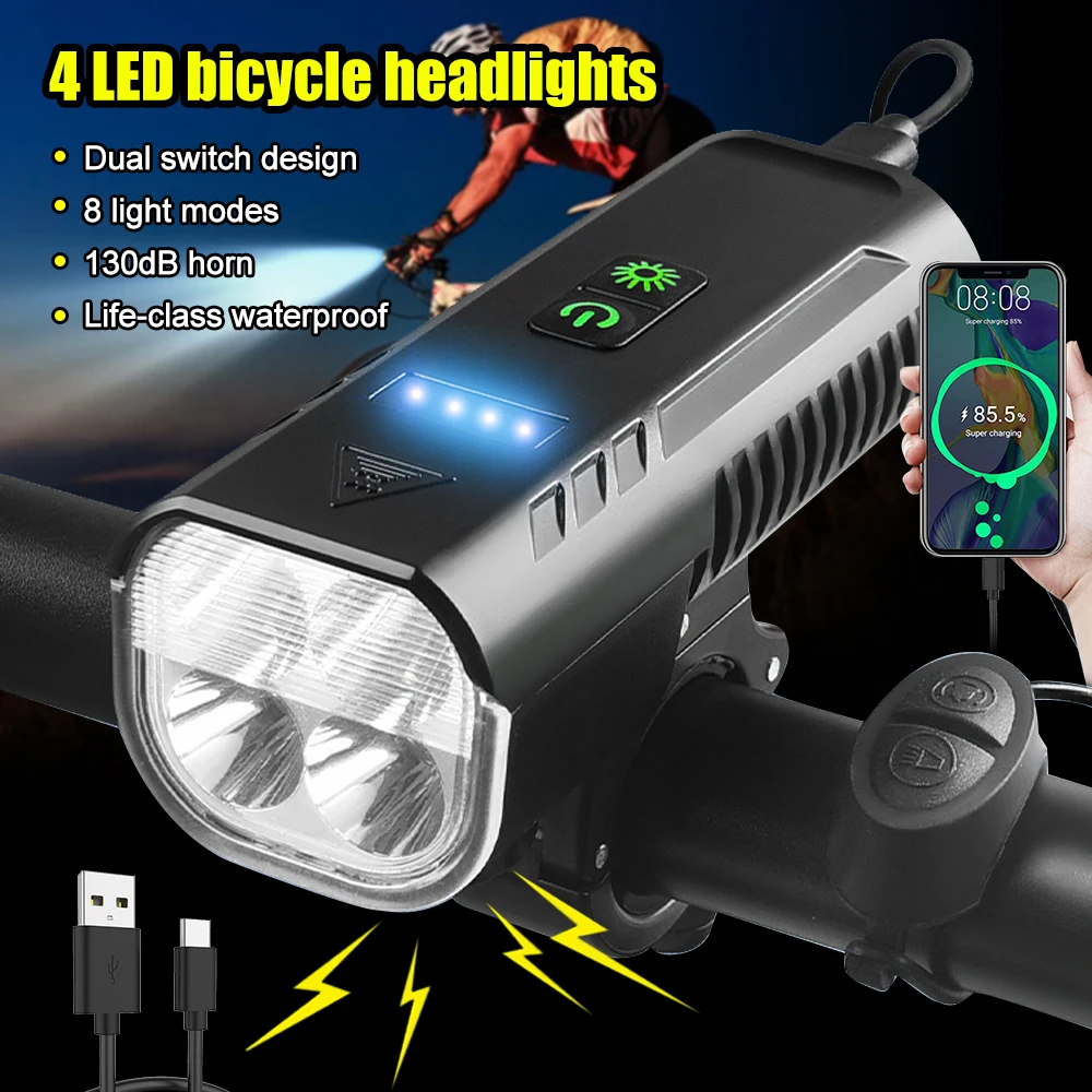 4LEDUSBFrontBikeHeadlight8ModesDualSwitchBicycleLight2in1