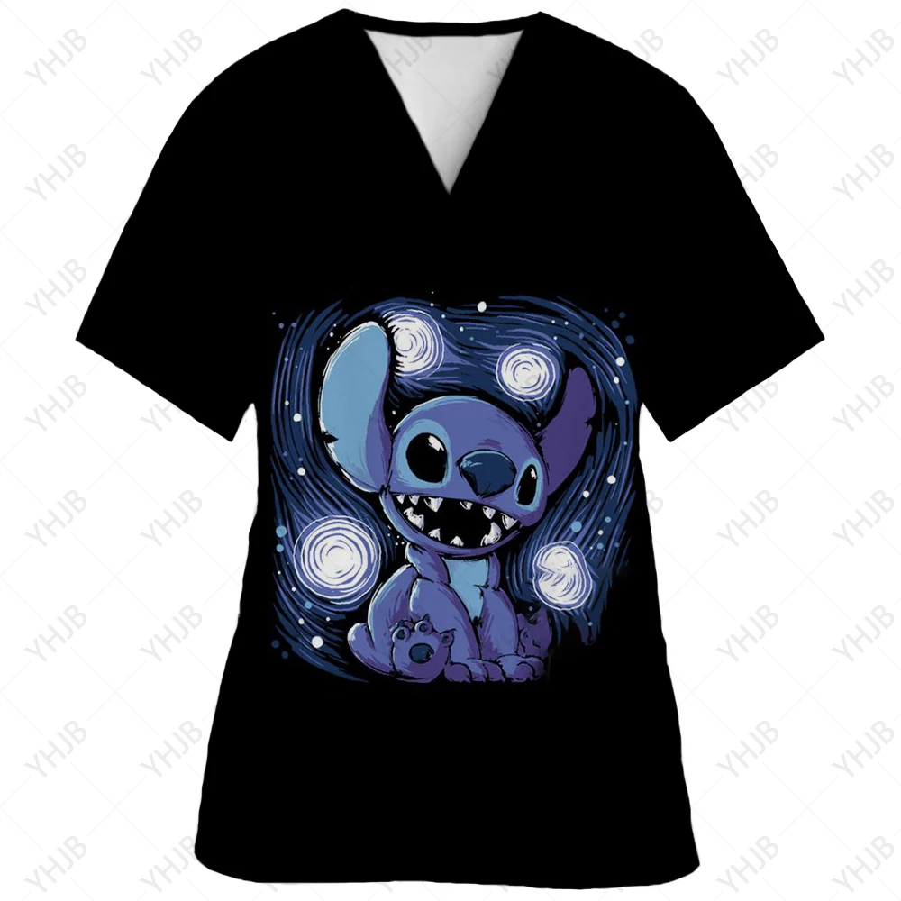 thumbnail image 1 of Blusa de uniforme de trabajo con cuello en V y cordón de manga corta con estampado de dibujos animados de Disney Stitch para mujer, 1 of 5