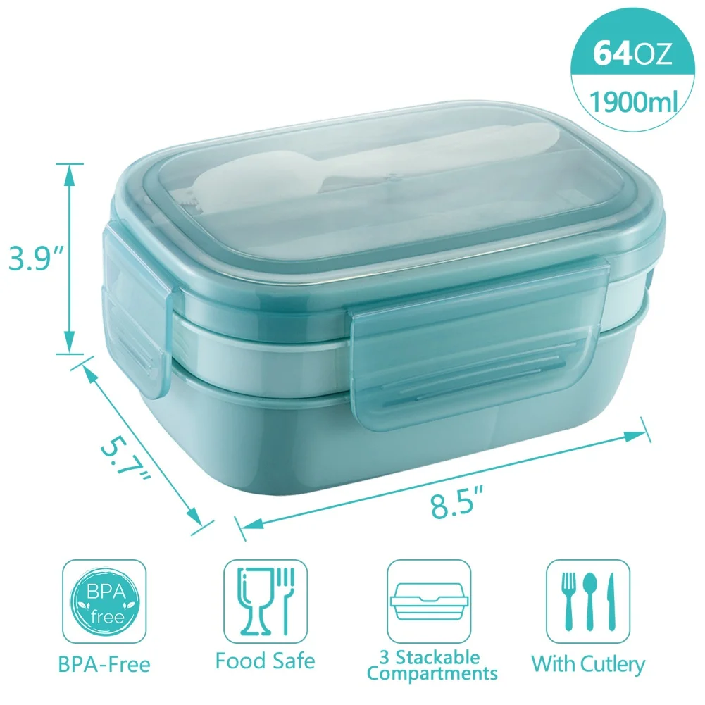 Bento Box Adult Lunch Box, 3 Stackable Bento Lunch Containers for Adults/Kids, 3 Layers All-in-One Bento Box with Utensil, Size: 8.5 x 5.7 x 3.9