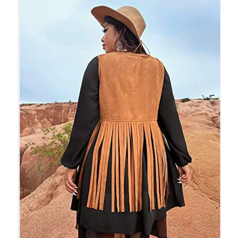 Tassel Coat Women Deerskin Fleece Buckle Free Mid Length Tank Top Vest Coat