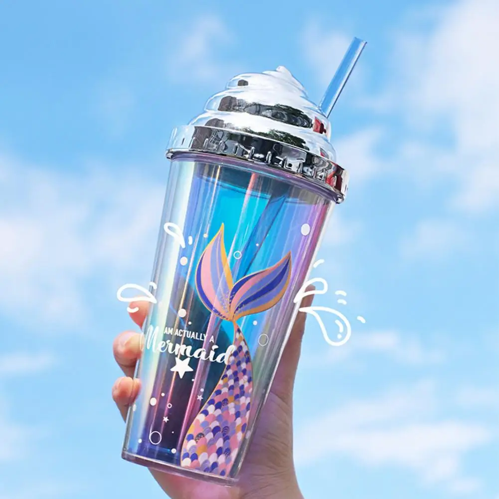 420ml Fashion Tumbler Cup Lightweight Straw Cup Heat Insulated Drinkware Mermaid Pattern Sippy