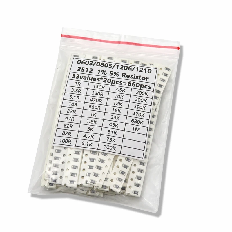 Smd Resistor 200PCS 660PCS 720PCS 4000PCS 0402 0603 0805 1206 1210 2512 SMD Resistor Kit igmopnrq Assorted Kit 10K 100K 1K 1R 100R 220R 1% 5%
