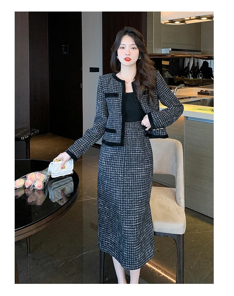 Womens Autumn Winter Business Midi Tweed Skirt Suits For