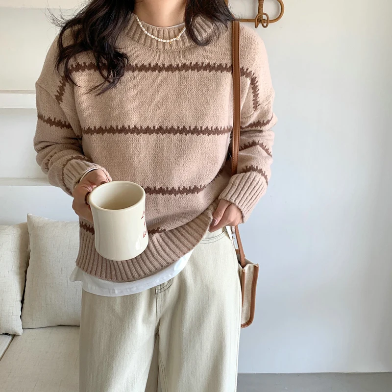 Autumn Women's Pullover Sweater Winter Korean Loose Versatile Long Sleeved Knitted Tops O Neck Striped Casual Elegant Knitwear