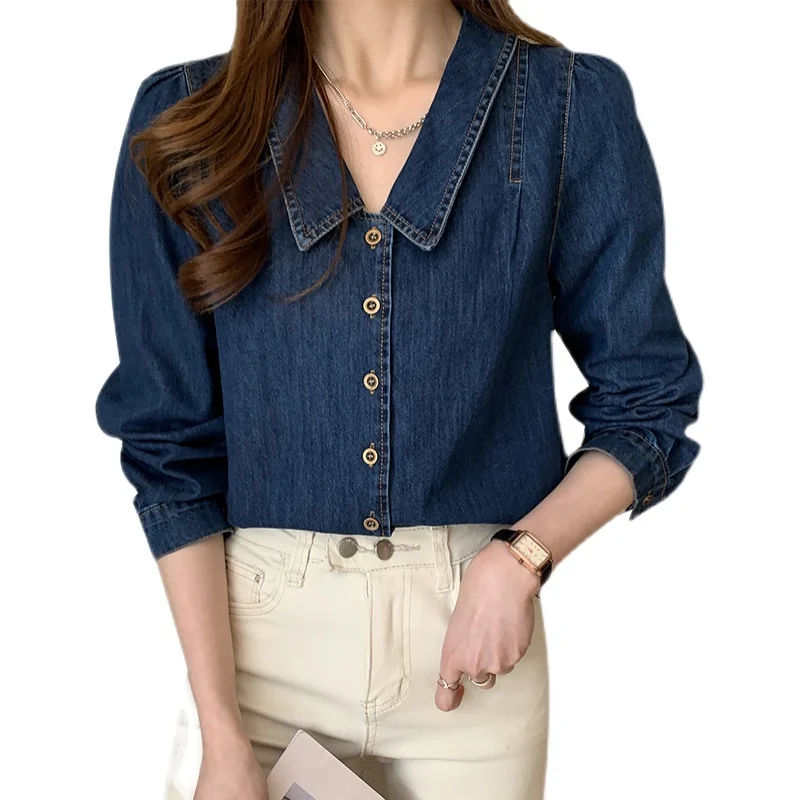 

New Spring Autumn women puff sleeve Full-Sleeves Turn-down Collar Female Korean blouse Loose Long Denim shirt casual tops