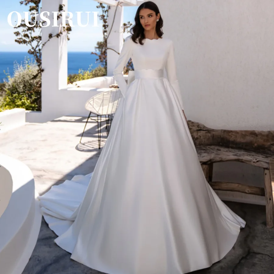 

Scoop Neck Open Back With Bow A Line Bridal Modest Satin Long Sleeves Weddding Dress Gown Robe De Mariee Custom Made Vestidos