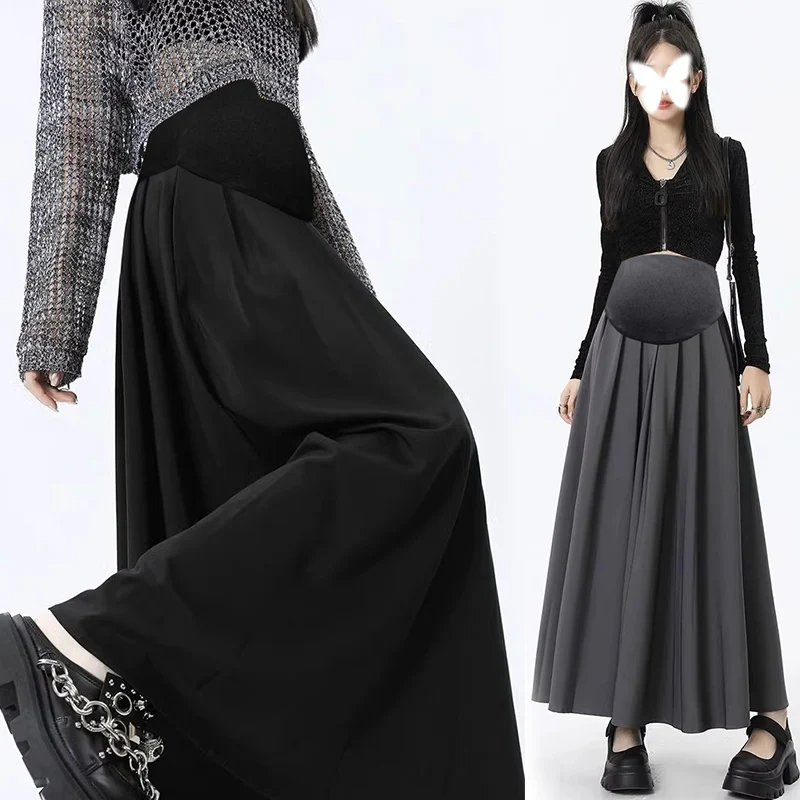Spring Maternity Pleated Skirt with Pockets Large Hem Pregnant Woman Long Loose Suit Skirts Tall Lady Belly Skirts Formal