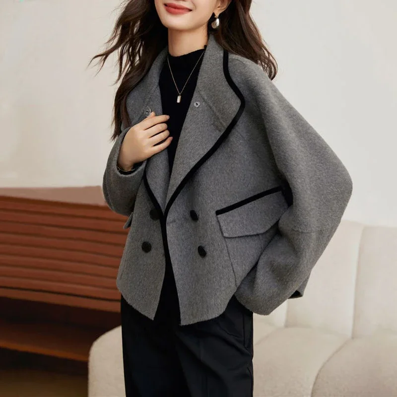 

Autumn and Winter New Fashion Korean Edition Versatile Temperament Contrast Color Double breasted Panel Woolen Coat for Women
