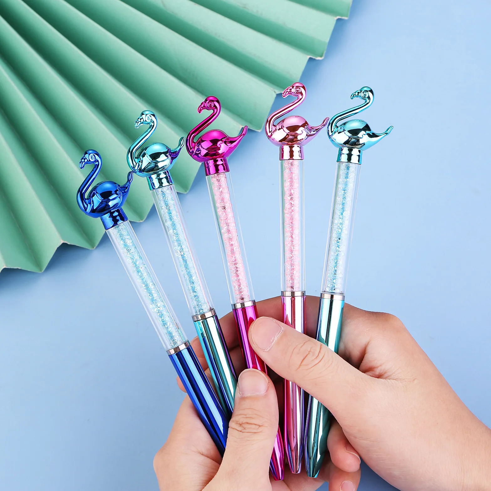귀여운 크리스탈 플라밍고 볼펜, 블루 잉크, 귀여운 백조 회전 젤 펜, 학교 사무용품, 문구, 0.7mm, 10 개/로트