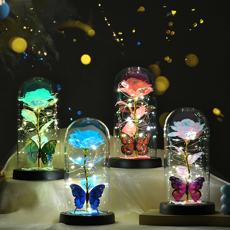 

Rose Light Artificial Galaxy Rose Lamp with Butterfly LED Rose Flowers In Glass Chirstmas Wedding Valentine Gift for Girls Women