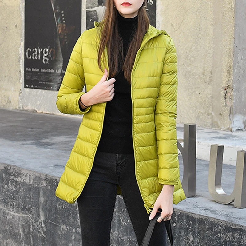 Autumn Winter Warm Puffer Jackets Ultralight Thin Long White Duck Down Jacket Portable Hooded Coat Female Slim Puffer Outwears