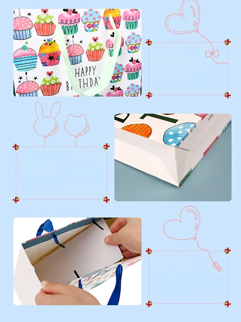 12pcs Happy Birthday Gift Bag with Ribbons Colorful Balloon Cake Pattern Paper Packaging Bags Baby Shower Party Boxes for Gifts