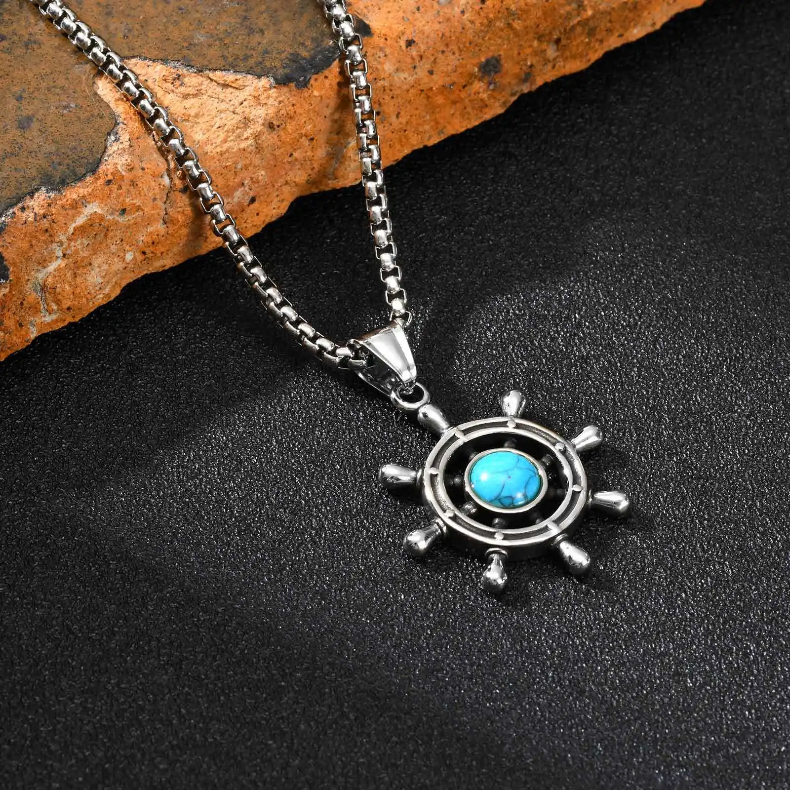 Stainless Steel Rudder Turquoise Necklace for Men,Silver Color Natural Stone Metal Pendant,Trendy Healing Jewelry Gift