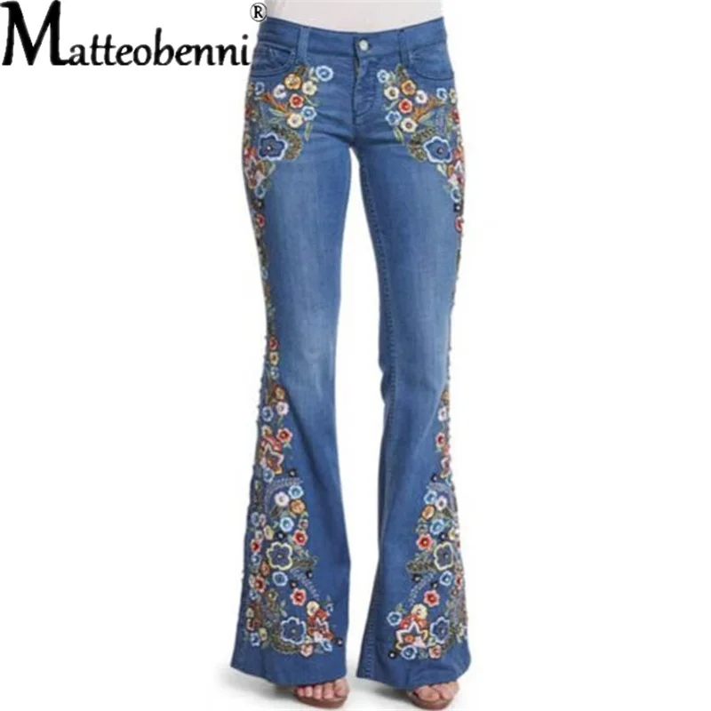 Fashion Mid Waist Embroidered Solid Slim Fit Comfortable Flared Jeans Women's Casual Streetwear Commute Female Pants Washable y2k loose solid streetwear mid waist flared pants for women elastic waist slim fit jeans for girl female elegant denim trousers