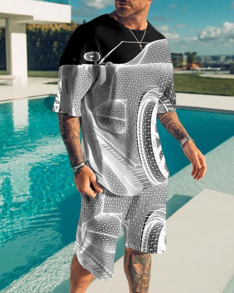 thumbnail image 1 of Conjunto de camiseta y pantalones cortos de playa informales con estampado digital 3D de animales para hombre, 1 of 5