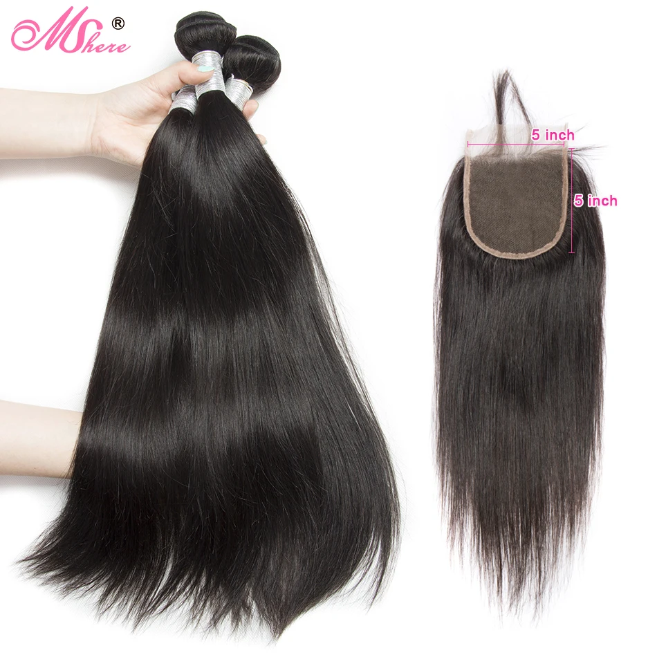 

Mshere Straight Bundles With Closure 5x5 Transparent Lace Closure With Bundles Peruvian Human Hair Weave Bundle With 4x4 Closure