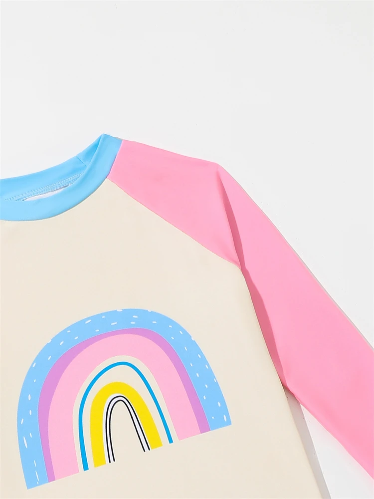 Kids Swimsuit Girls Two Piece New Rainbow Pattern Long Sleeve Children Swimwear Summer Ruffle Shorts Beachwear Bathing Suit