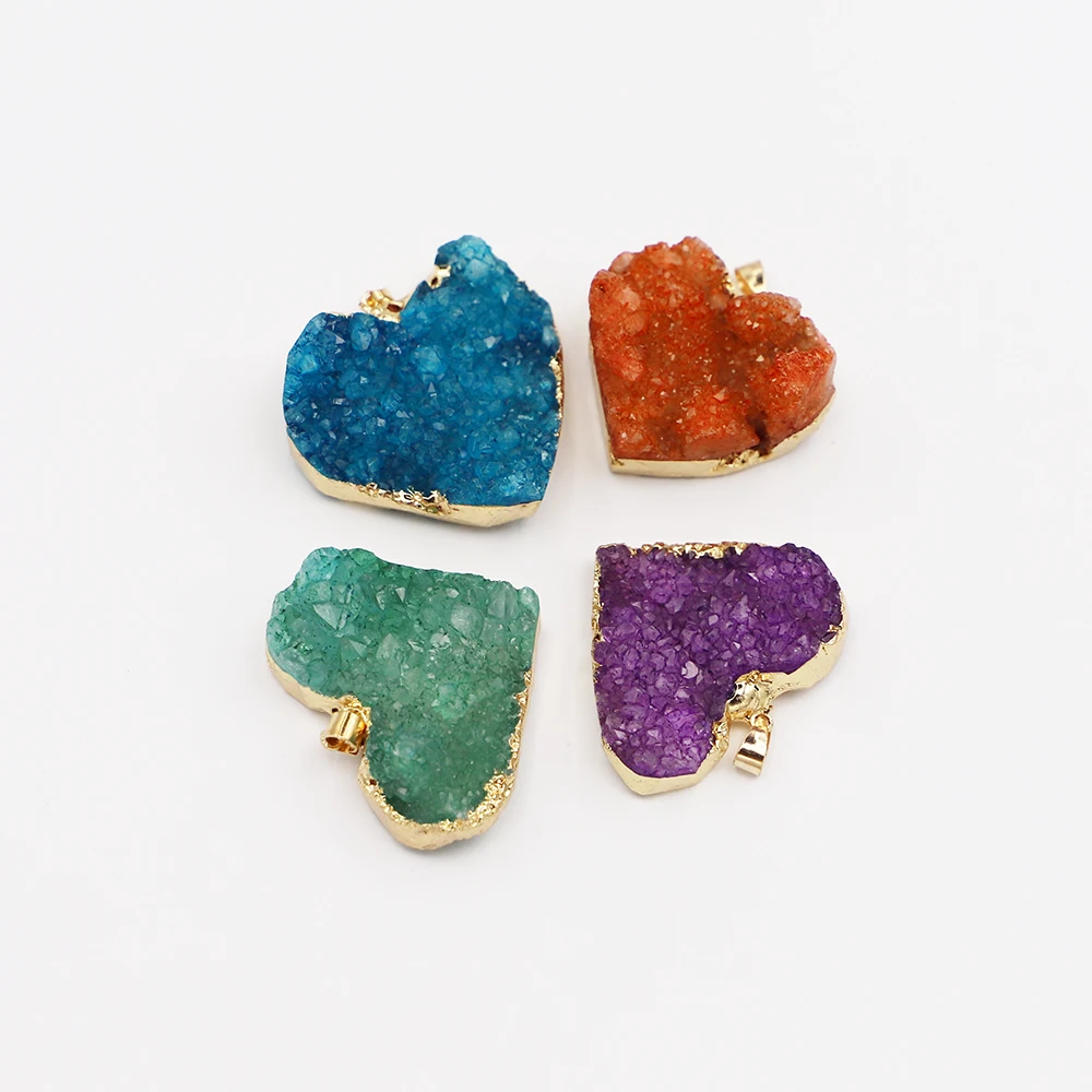 New Designer Natural Stone Druzys Cluster Heart Agates Pendants Charm Necklace Women Jewelry Making 6PCS Bulk Items Wholesale