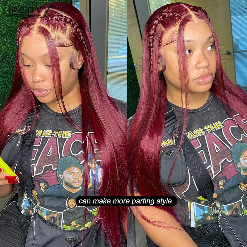 버건디 13X6 HD 레이스 프론탈 인모 가발 스트레이트 가발 13X4 레이스 프론트 가발 여성용 99J 레드 컬러 13X6 레이스 프론트 가발