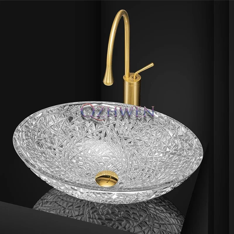 50*35*15cm Electroplated Gold Crystal Glass Sink Oval Countertop Bathroom Washbasin Home Balcony Vessel Basin with Swan Faucet