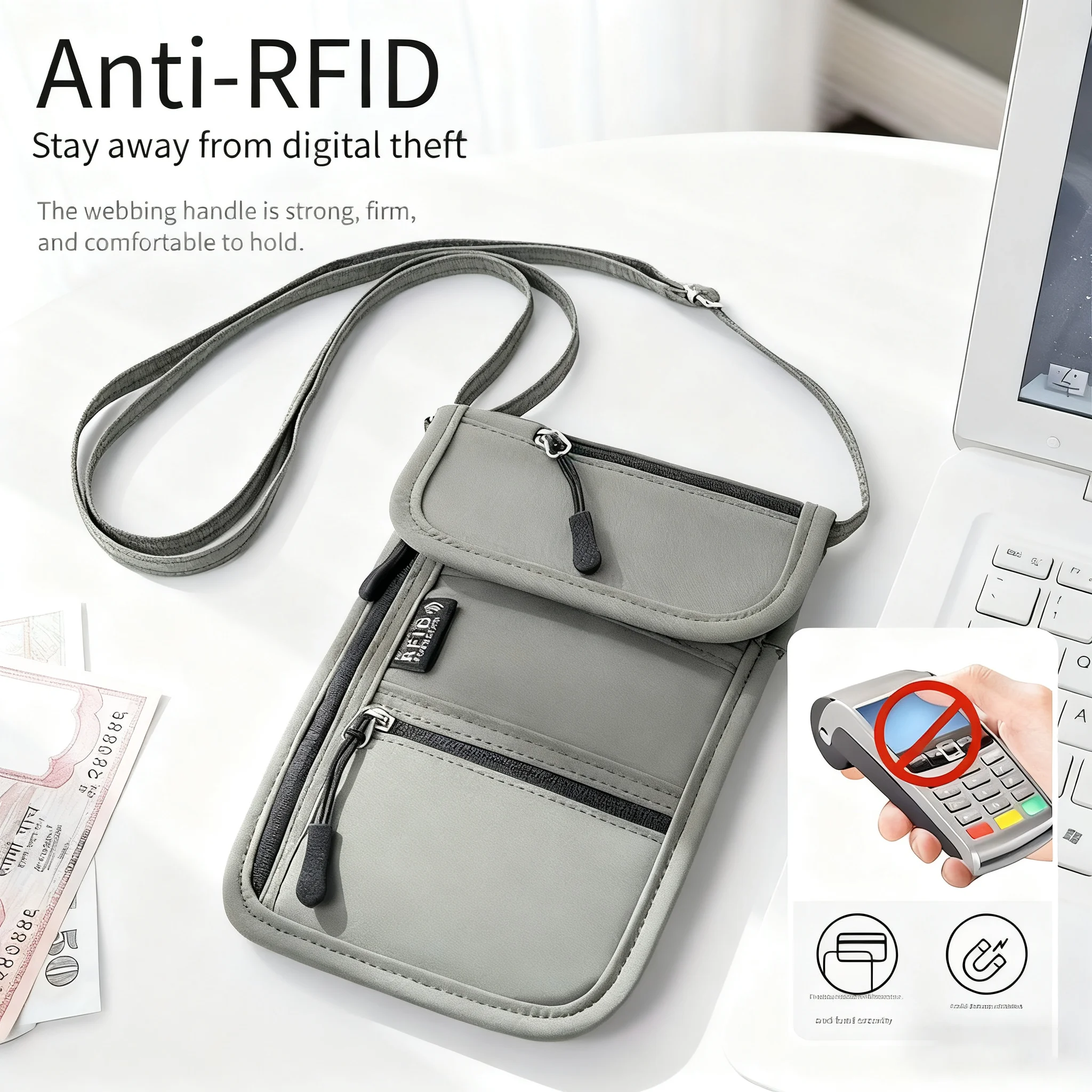 RFID Blocking Travel Passport Holder with Adjustable Strap - Lightweight Hidden Neck Pouch Organizer