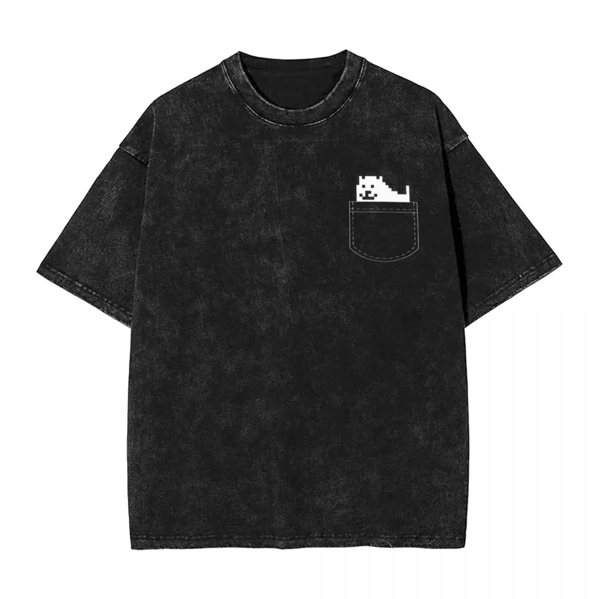 Washed Cartoon T Shirts Undertale Dog Pocket Graphic T-Shirts Cotton Loose Streetwear Short Sleeve Tee Shirt Men Women Clothing
