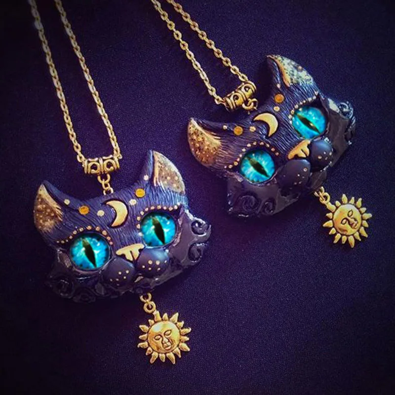 Classic Creative Popular New Blue Cat Head Pendant Necklace, Women's