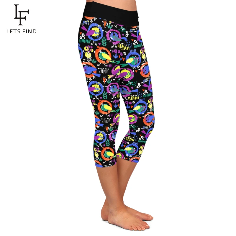 LETSFIND Leggings Women Hand-painted Cartoon Bird Print Capri Leggins New High Waist Sexy Stretch Mid-Calf 3/4 Pants
