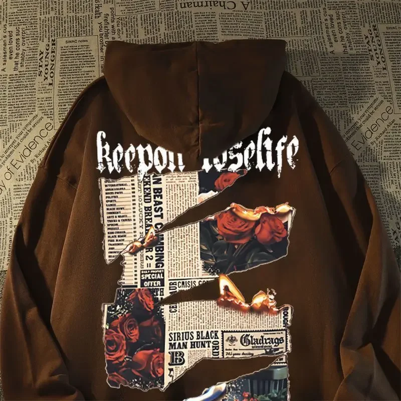 

American High Street HipHop Rose Newspaper Pattern Decal Hooded Sweater for Men and Women Couple Loose Oversize Coat Clothing