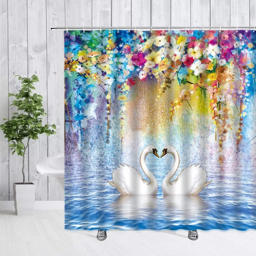 Spa Swan Floral Shower Curtain Watercolor Flower Decorate Swan Couple Wisteria Blossoms Spring Nature Fabric Bathroom Set Hooks