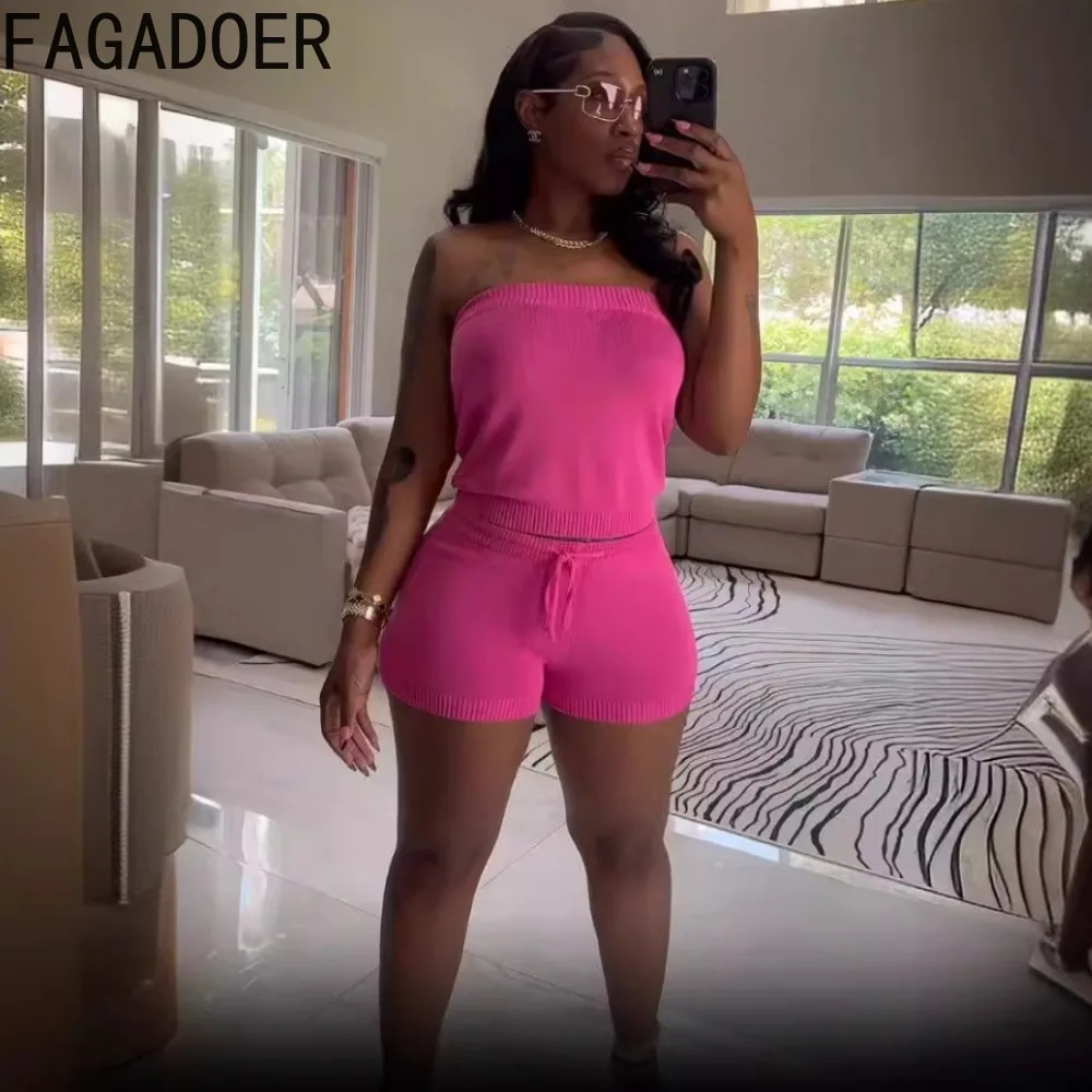 FAGADOER Fashion Solid High Quality Knitting Two Piece Sets Women Sleeveless Backless Tube And Shorts Outfits Female Clothing